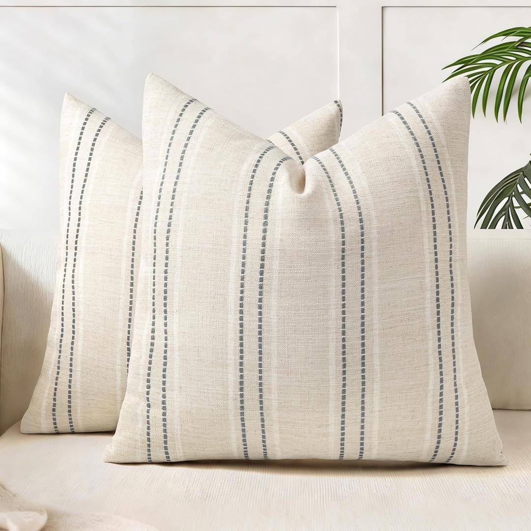 AELS 16x16 Decorative Farmhouse Linen Blend Throw Pillow Covers, Boho Textured Pillow Case, Set of 2, Beige with White & Gray Stitch Yarn Dyed Stripe Cushion Cover for Sofa Living Room (Cover ONLY)