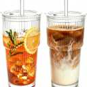 2PCS 20oz Glass Cups with Lids and Straws, Iced Coffee Cups with Lids, Stylish Ribbed Thick Drinking Glasses Tumbler for Juice, Smoothies, Cold Beverages, Cute Cup Gifts with Clean Brush