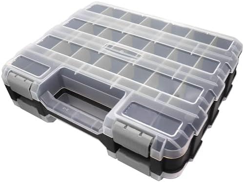 Double Side Tool Box Organizer, Hardware Storage Box, Portable Small Parts Organizer with Removable Plastic Dividers for Screws, Nuts, Nails, Bolts, Gray