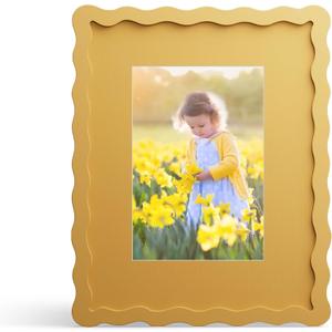 8x10 Picture Frame with Mat for 5x7, Wavy Edge Wooden Real Glass Photo Frame for Tabletop and Wall Hanging, Yellow, 1 Pack