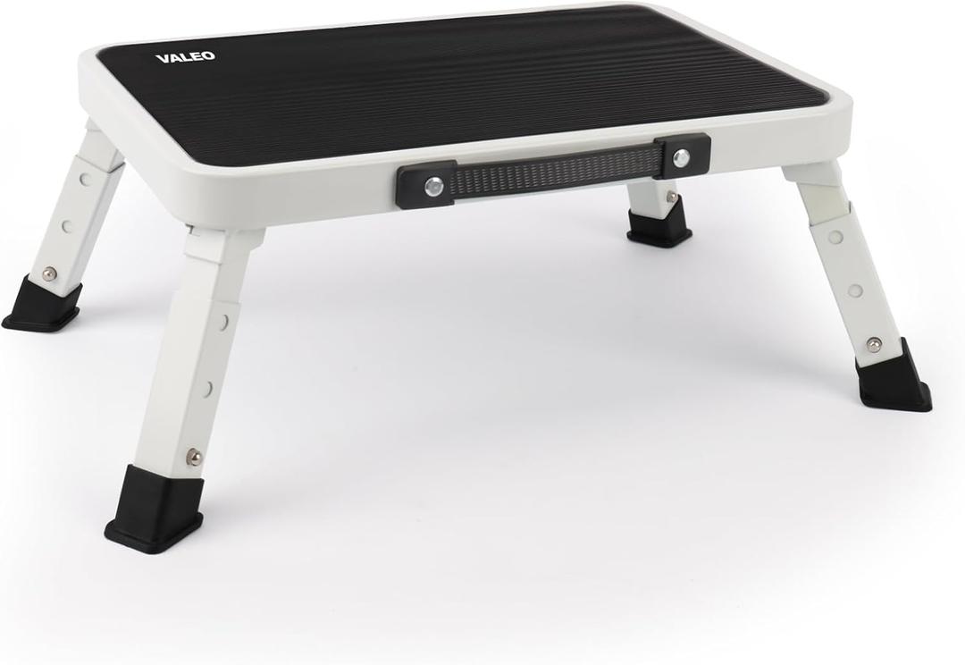 Valeo Folding Step Stool, Adjustable Step Stool with Non-Slip Platform, 330 Lbs Capacity, Step Ladder for Adults or Kids in Kitchen, Bathroom, RV, Camping, Office, White, 15 " x 10.2" x 1.8 "