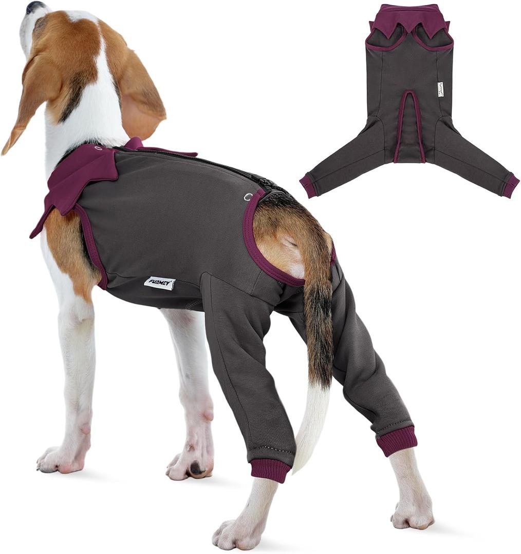 FUAMEY Dog Recovery Suit with Padded Rear Leg Sleeve,Zip-Up Dog Onesie for Spay Neuter Surgery,Dogs Bodysuit Prevents Licking Wounds on Thigh Incision Joints,Dogs Prevent Licking Shirt Grey S (Small(Back:10.9in))