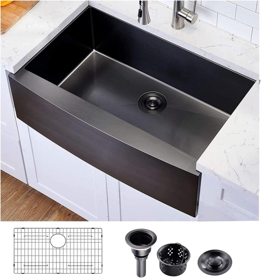 Hotis Black Farmhouse Sink, 33 Inch Black Farm Sink, Gunmetal Black Apron Front Stainless Steel Farmhouse Kitchen Sinks, 33x22 Inch Undermount Single Bowl Workstation 16 Gauge With Dish Grid, 33x21 inch Farmhouse Sink