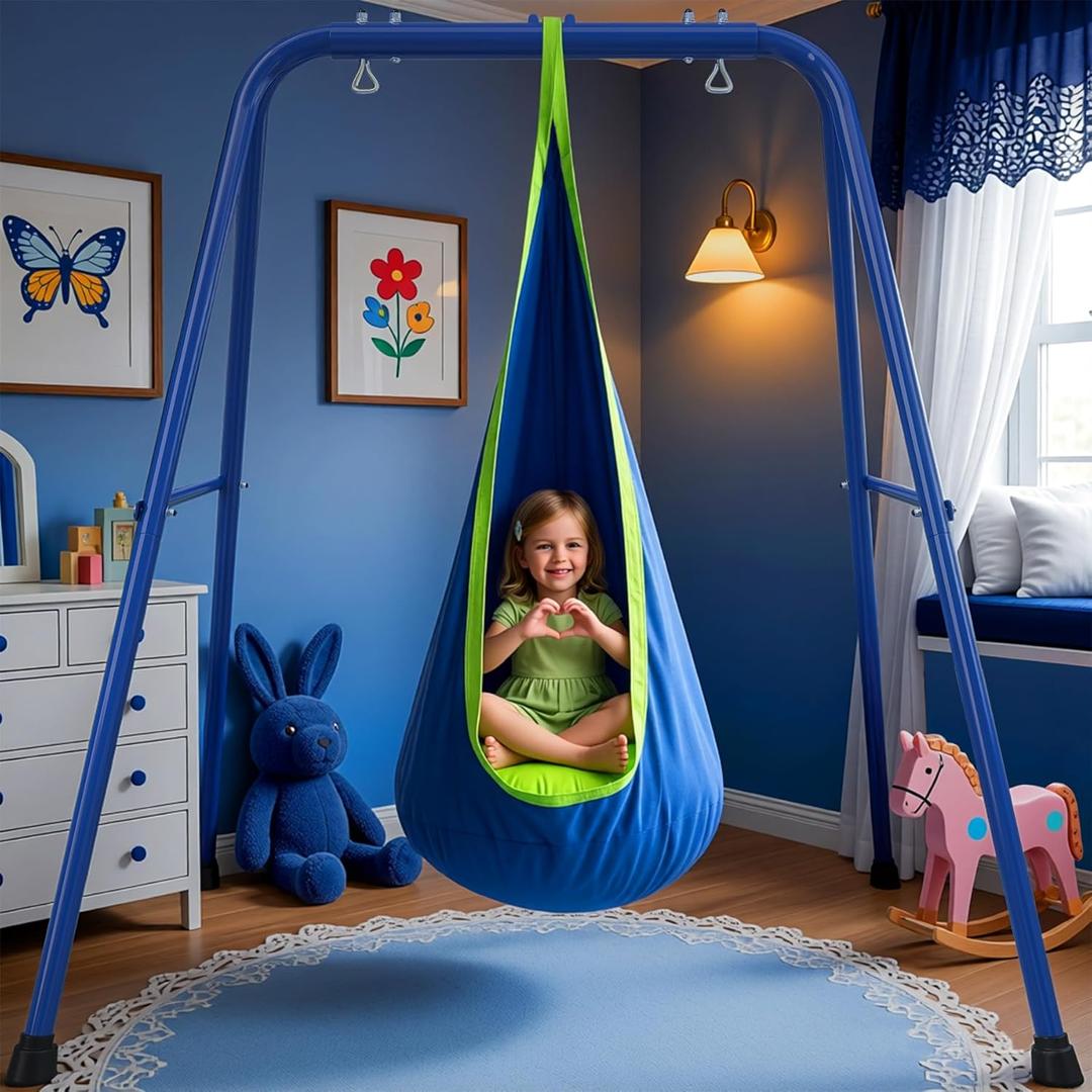 Heavy Duty Sensory Swing Frame for Kids - Indoor Outdoor Metal Stand with Cotton Pod Swing - 200LBS Capacity Blue Therapy Swing for Autism, ADHD, Special Needs - Easy Install