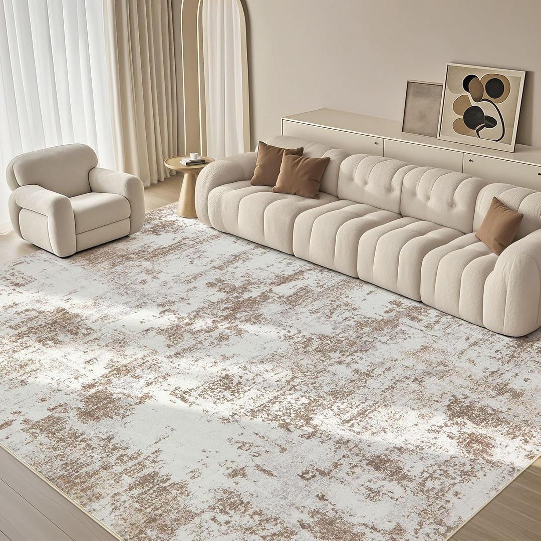 9X12 Washable Area Rug - Abstract Modern Neutral Large Rug Foldable Soft Thin Non Slip Low Pile Indoor Carpet Living Room Bedroom Farmhouse Dining Room Home Office Brown (9ft x 12ft (Rectangular))