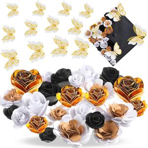 36 Pcs DIY Graduation Cap Decorations Accessory Kit Include Faux Paper Flower Heads 3D Butterfly Grad Cap Mini Paper Flowers Decorations for Grad Cap Topper DIY Graduation Gift(Black, Gold)