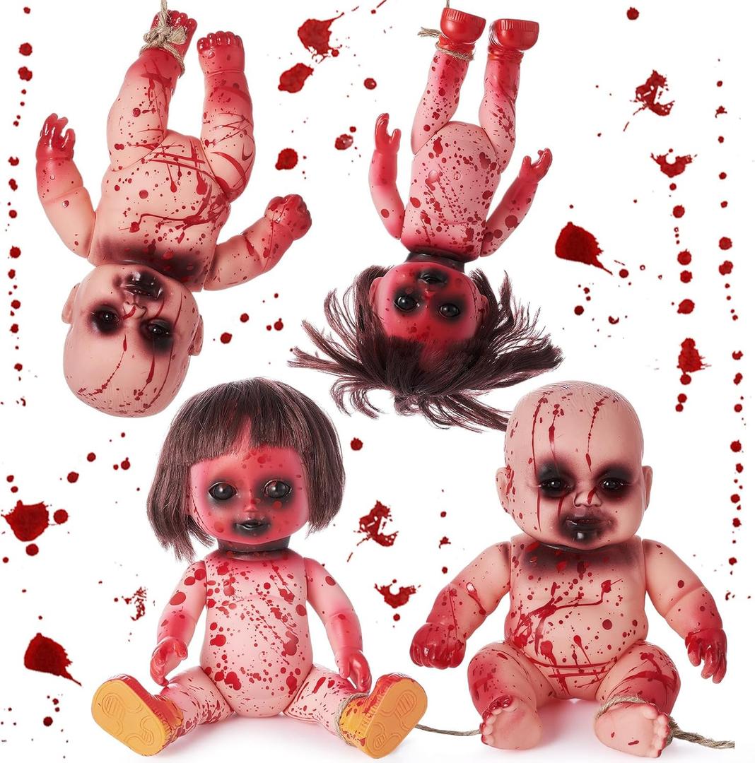 Simgoing 4 Pcs Halloween Creepy Dolls, 10 Inch Bloody Zombie Haunted Dolls, Scary Hanging Ghost Haunted with Rope for Halloween Horror Decoration Outdoor Indoor Garden Party Decor (Red, Creepy)