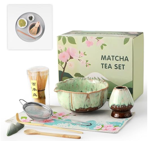 VENSEEN Matcha Whisk Set, 8 Pcs Matcha Kit with Bowl and Whisk Holder, Ceramic Japanese Complete Macha Starter Kit for Beginners, Gift for Macha Lovers (Green)
