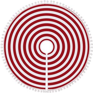 HOHOTIME Christmas Tree Skirt, Red White Annual Rings 30 Inch Tree Skirt with Pom Pom Trim for Holiday Party Xmas Natural Rustic Tree Skirt for Holiday Home Decor