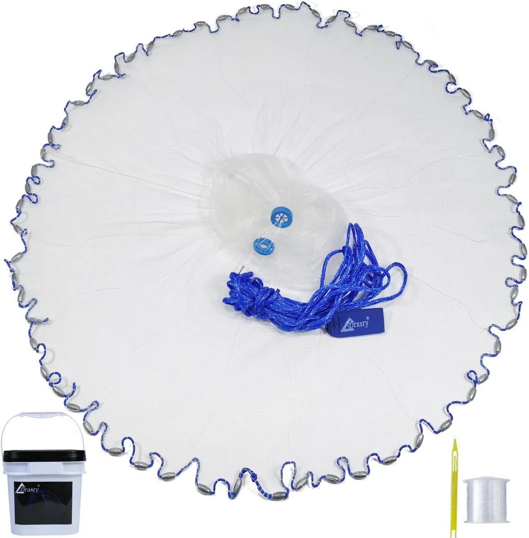 Drasry Saltwater Fishing Cast Net for Bait Trap with Heavy Sinkers Fish Throw Net. Size 3ft/4ft/5ft/6ft/7ft/8ft/9ft/10ft Radius Freshwater Nets