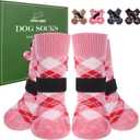 EXPAWLORER Dog Socks to Prevent Licking Paws, Dog Shoes for Hot Pavement,4 Pcs Double Sided Anti Slip Dog Socks with Grippers, Dog Booties for Small Medium Large Senior Dogs, British Style, Pink M