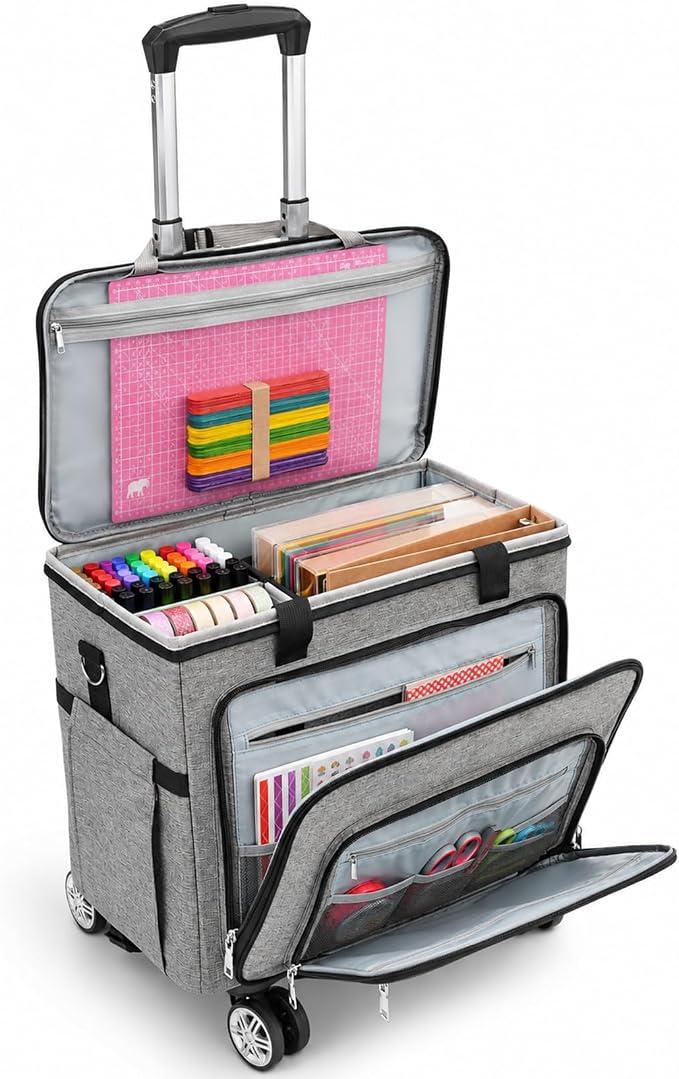 Rolling Craft Bag with Detachable Trolley, Rolling Teacher Tote Bag with Wheels for Women, Large Scrapbooking Storage Organizer Fits 15.6" Laptop & 12x12 Album for Art Supplies, Office(Grey)