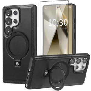 for Samsung Galaxy S25 Ultra Case with Stand Magnetic, Compatible with MagSafe Ring Leather Case, with Camera Lens and Screen Protector, Protective Military Grade Shockproof, Black