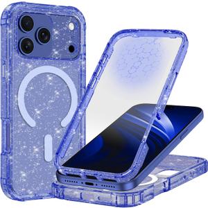 Hekodonk for iPhone 17 Pro Case, Compatible with Magsafe [Built-in Tempered Glass Screen Protector & Camera Lens Protection] Full Body Shockproof Protective Women Girl Bling Case,Shiny Deep Blue