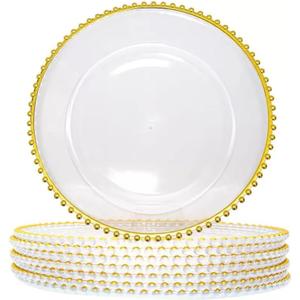 50 Pcs Clear Charger Plates 12.6Inch Plastic Round Dinner Decorative Plates with Gold Beaded Rim for Party Wedding Birthday Bridal Shower Party Table Supply