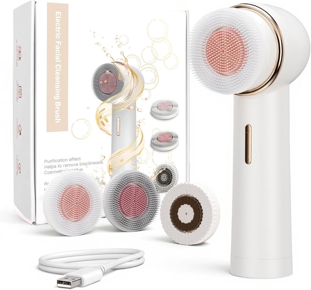 Electric Facial Cleansing Brush, Rechargeable Waterproof Dual Rotating Face Scrubber with 3 Interchangeable Heads, Soft Silicone Face Brush, White