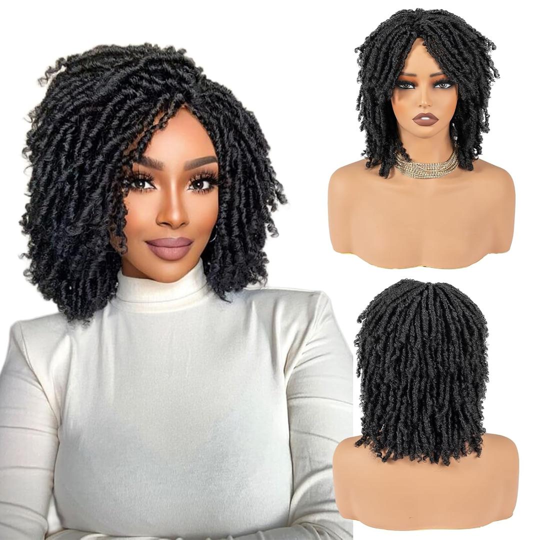 Short Synthetic Dreadlock Wig for Black Women, Afro Curly Faux Locs Braided Hair with Glueless Realistic Twist - Crochet Braided WigsBlack