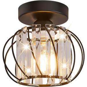 Semi Flush Mount Crystal Ceiling Light, Metal Cage Hallway Ceiling Lamps, Farmhouse Ceiling Light Fixture, Industrial Crystal Chandelier for Corridor Bathroom Kitchen (1, Black, 7.5 Inch)