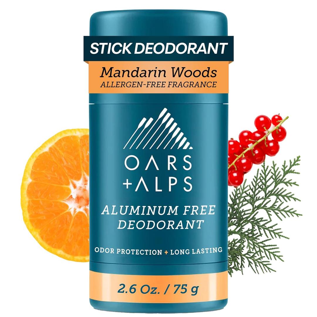 Oars + Alps Aluminum Free Deodorant for Men | Long Lasting Odor Protection, Clear & Free of White Residue, Anti-Chafing Smooth Glide, Dermatologist Tested, Mandarin Woods, 1PC, 2.6Oz