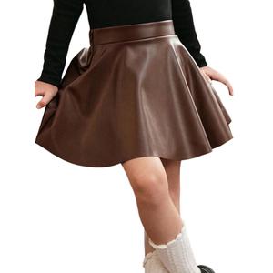 WDIRARA Toddler Girl's PU Leather Flared Mini Skirt High Waisted Skater A Line Skirt Coffee 5Y