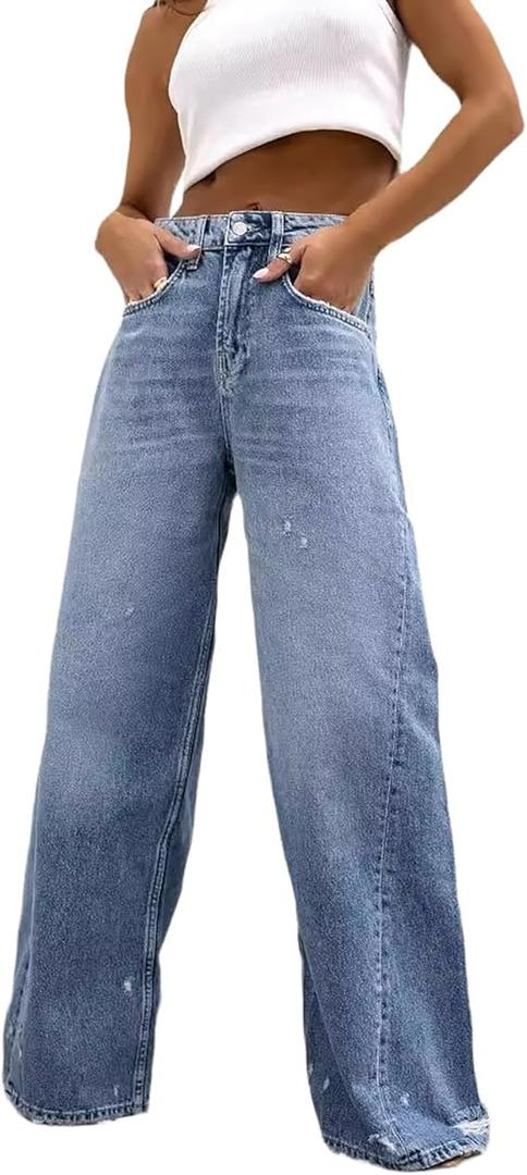 Topevil Wide Leg Jeans Woman，High Waisted Straight Leg Jeans Baggy Loose Boyfried Denim Pants
L