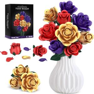 4 x Rose Bouquet Flowers Building Set, 501Pcs Red Purple Golden Roses Artificial Flowers Botanical Collection Compatible with Lego Flowers Home Office Table Decor Gifts for Her/Mom/Girlfriend/Wife/Couple