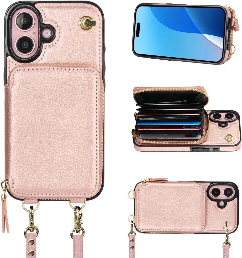 Bocasal Crossbody Wallet Case for iPhone 16, RFID Blocking Leather Purse Case with Card Holder, Protective Handbag Flip Cover with Zipper Wrist Strap Lanyard for Women 5G 6.1 Inch (Rose Gold)