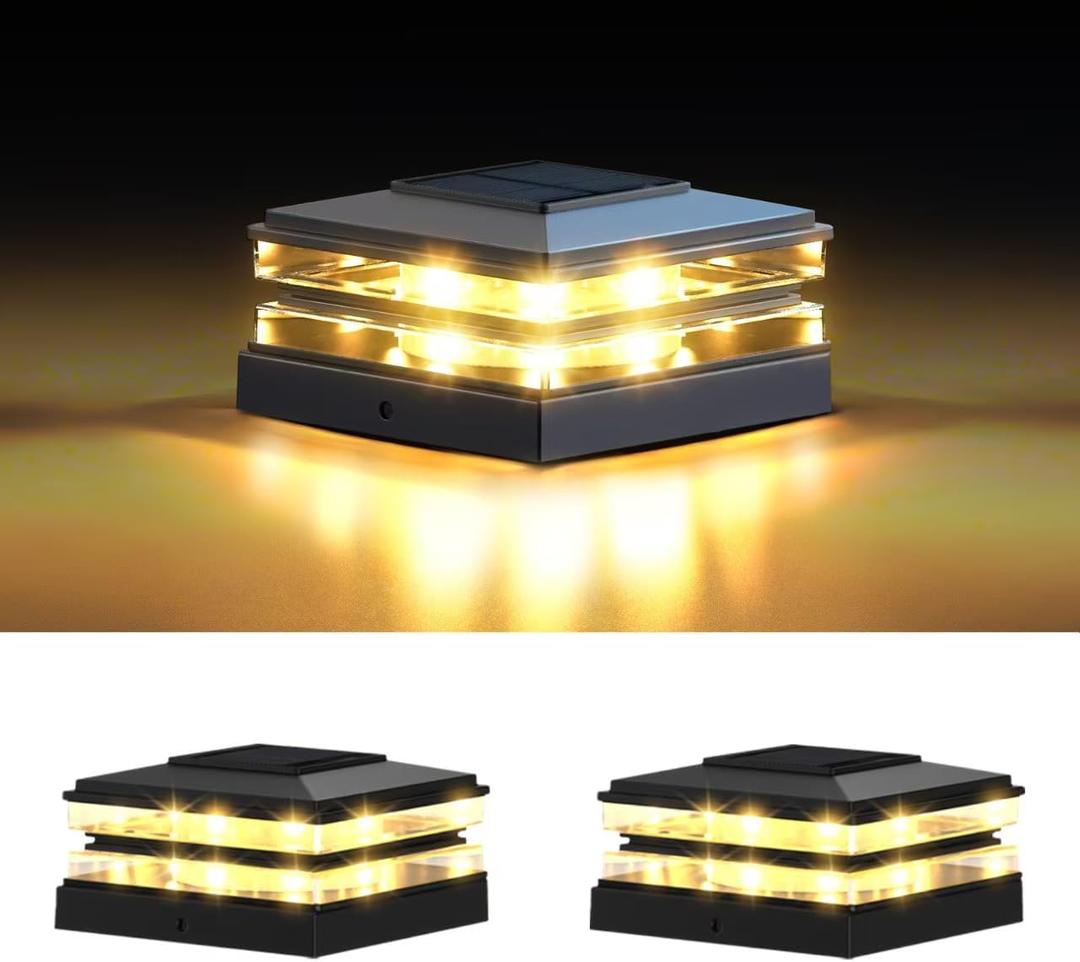 EXCMARK 2 Pack 4x4 Solar Post Cap Lights Outdoor Waterproof Fence Deck Post Lights with High-Brightness LEDs, Dual Light Modes Warm White & Cool White.