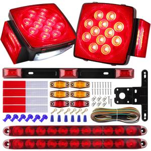 Partswcgg 12V Led Utility Trailer Lights Wiring Kit, Square Combination Stop Turn Tail License Lights,Red/Amber Marker Lamp,3rd Third Brake Tail Red Clearance ID Light Strip Bar w/25ft Wiring Harness