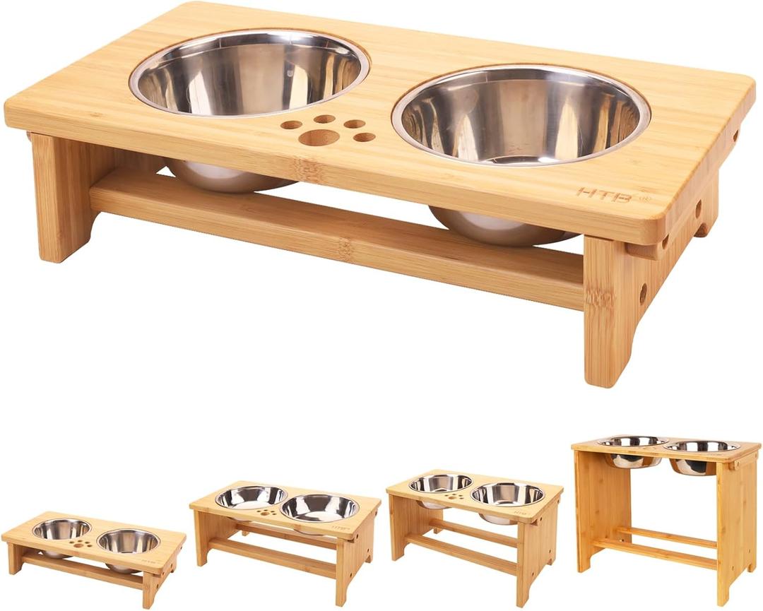 HTB Elevated Dog Bowls,Raised Dog Bowl Stand with 2 Stainless Steel Bowls, Elevated Raised Dog Bowls for Large Medium Small Sized Dogs (Bamboo)