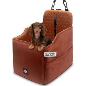 Dog Car Seat for Small Dogs - Safety Booster Bed for Car Travel, Machine Washable Cover, Scratch & Water Resistant, Adjustable, Non-Slip Base (Royal Brown, Small/Medium) (Chocolate and Tan)