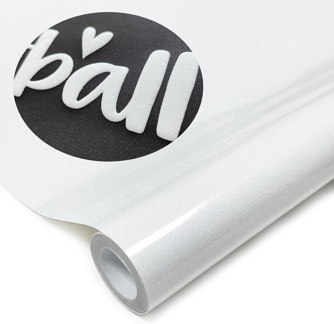 White Glitter Puff Vinyl Heat Transfer - 12" x5ft 3D Puff HTV Vinyl, Glitter Puffy Iron-On for Fabrics, Perfect for T-Shirts, Bags, Pillows, Compatible with Cricut & Cameo