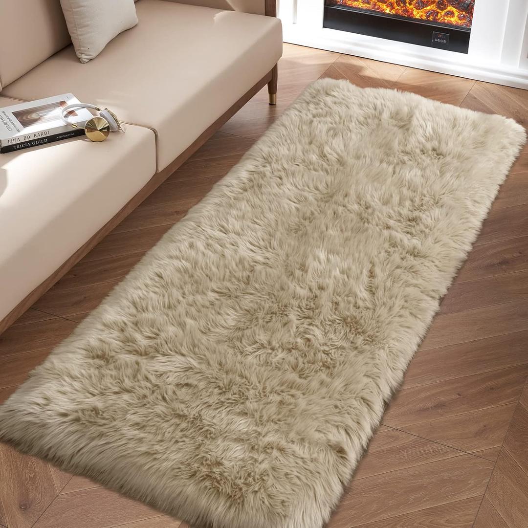 Beige Fluffy Rug for Bedroom, 2'X6' Faux Fur Rug for Runner, Soft Shag Rug for Sofa Couch Cushion, Cozy Shaggy Fuzzy Plush Floor Carpet for Nursery, Cute Bedside Dorm Home Decor Rectangle