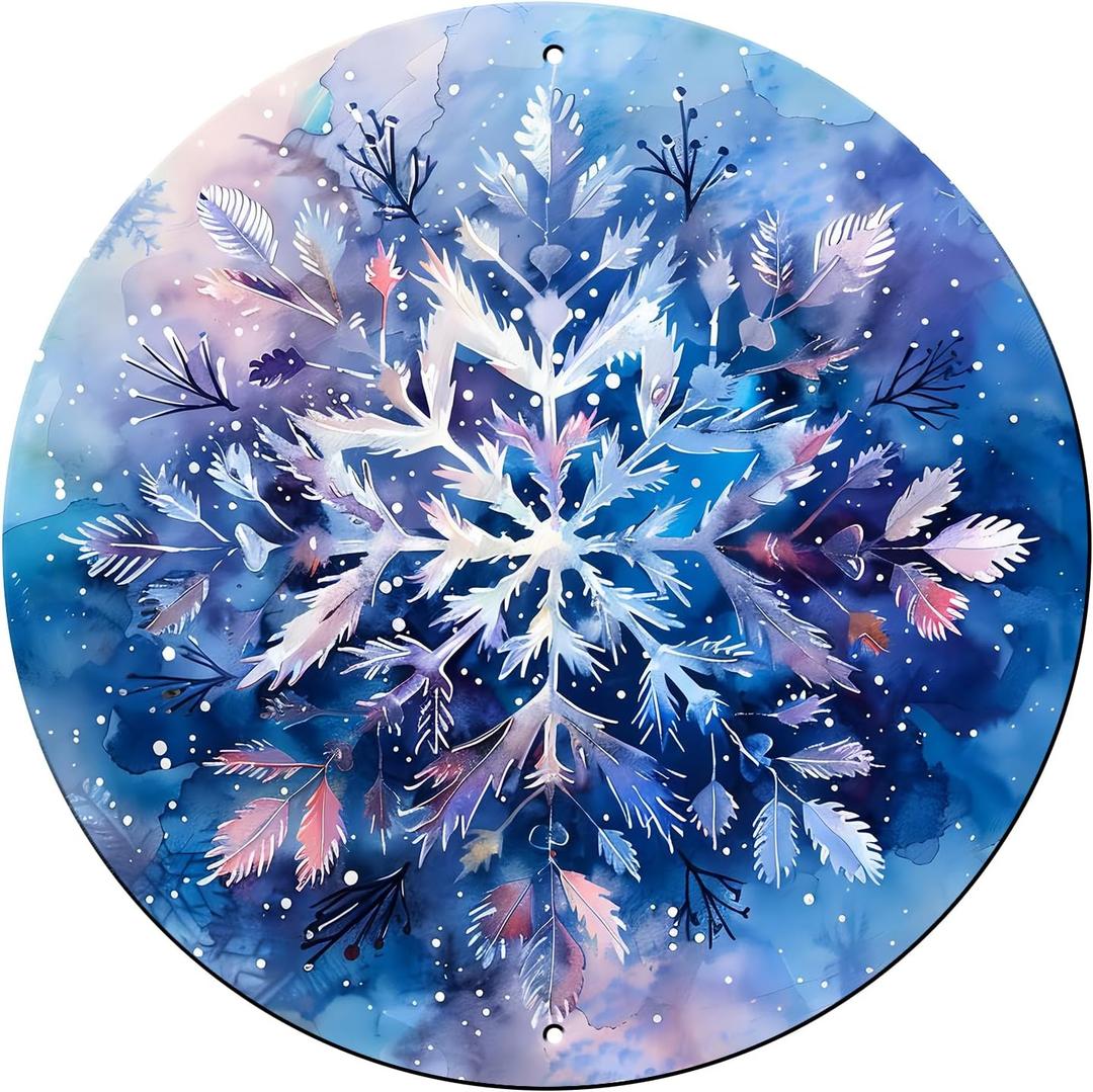 Vintage Snowflake Sign Winter Christmas Metal Tin Sign Round Wall Decor Funny Decorations for Outdoor Outside Porch Home Cafes Office Store Pubs Club 12 Inch