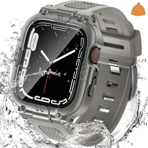 Goton 3 in 1 Waterproof Case with Band for Apple Watch with Built-in Tempered Glass Screen Protector 45mm, 360 Shockproof Bumper Face Cover with Band for Apple Watch Series 9/8/7, 45mm (Titanium)