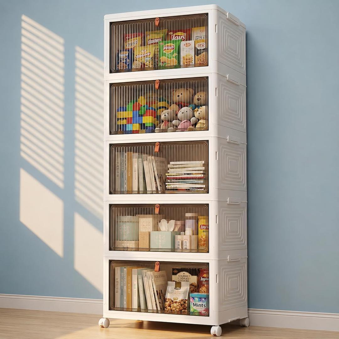 LDQ 170 Qt Large Storage Bins with Lids, 5 Tier Stackable Storage Cabinet with Wheels & Clear Doors, Foldable Plastic Closet Organizer for Bedroom, Bathroom & Kitchen, 5-layers