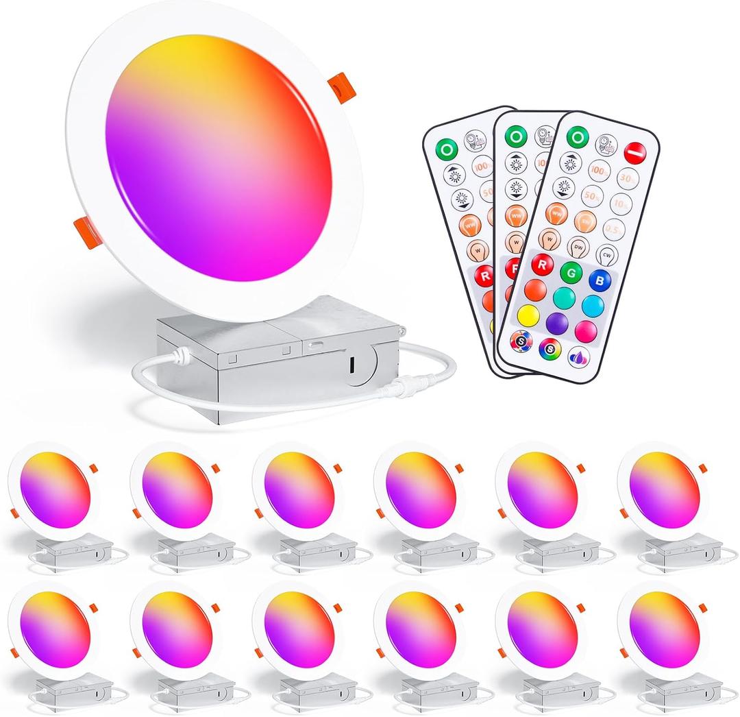 Recessed Lighting 6 Inch RGBCW Color Changing Canless LED Recessed Ceiling Light with Junction Box,16W 1350LM LED Downlight Dimmable by Remote Control, Memory, 3 Modes, Delayed Light Off, 12Pack