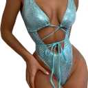 JUMISEE Women Rave Holographic Snakeskin Wrap Swimsuit Sexy Strappy Backless Bathing Suit (Small, Light Blue)