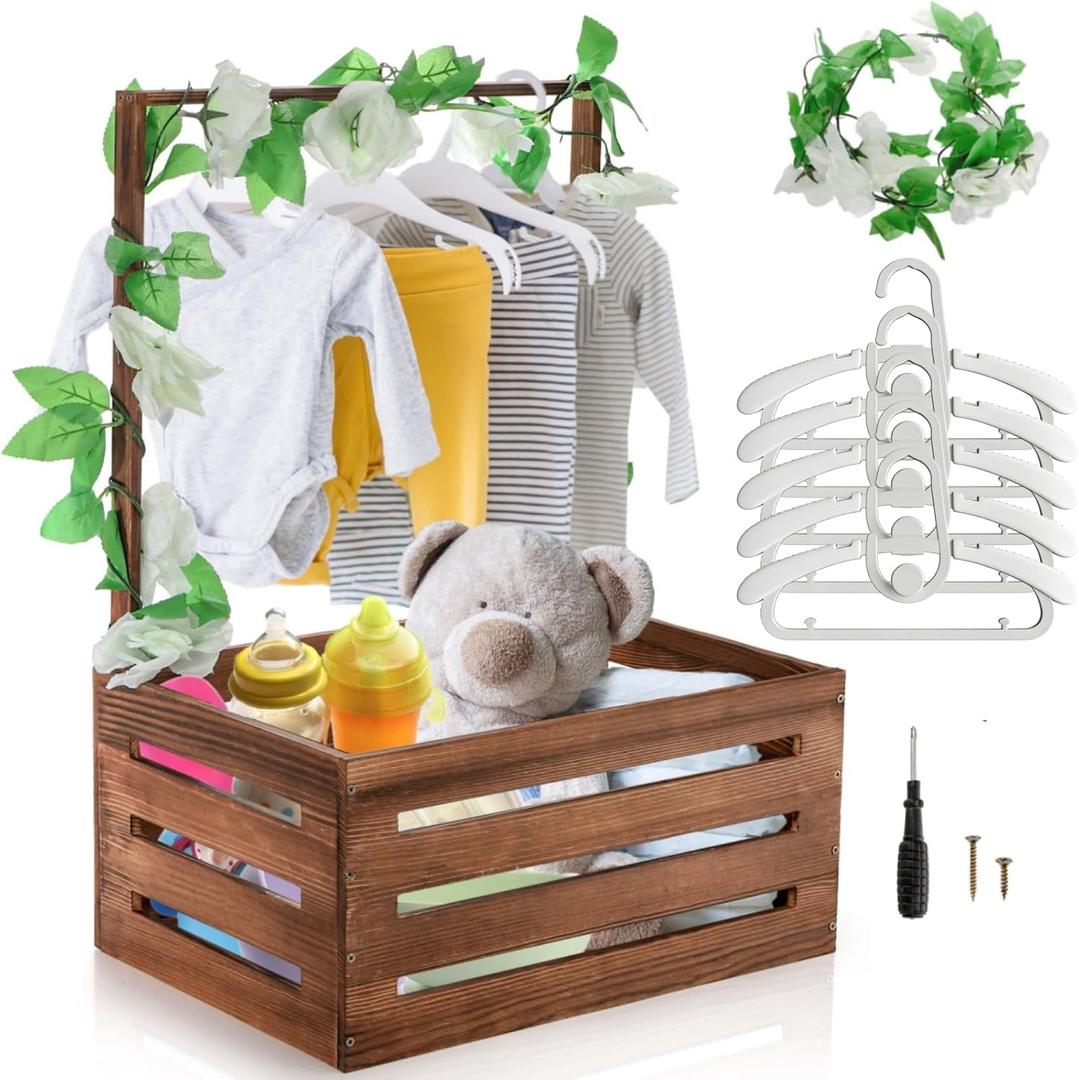 Baby Shower Crate Closet, Wooden Vintage Storage Crate with 5 Hangers 1 Artifical Garland, Large Welcome Gift Hamper Basket for Pregnancy Gifts New Parents