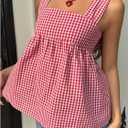 WDIRARA Women's Linen Tie Back Tank Top Square Neck Plaid Peplum Babydoll Tops (Red, M)