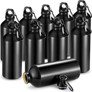 CHENGU 10 Pcs Aluminum Water Bottle 20 oz Reusable Bottles Lightweight Leak Proof Aluminum Sports Travel Bottles with Twist Cap Buckle for Gym, Hiking, Cycling, Camping, Fishing (Black)