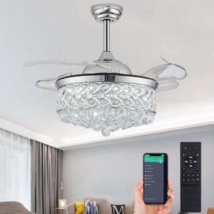 36" Crystal Ceiling Fan with Light and RemoteDimmable Fandelier with Invisible Retractable Blades, Modern Chandelier Ceiling Fans with Lights for Bedroom Living Room 6 Speed Chrome