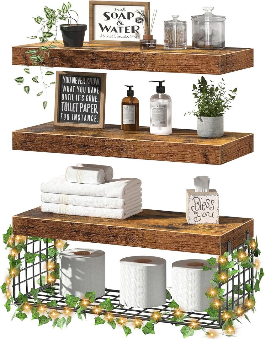 QEEIG Bathroom Floating Shelves for Wall - Shelf Over Toilet Paper Storage with Led and Leaves Farmhouse Decor Small 16 inch Set of 3, Brown (L019BN3)