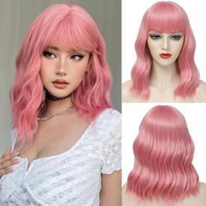 Pink Bob Wig with Bangs for Women Pastel Short Bob Wig Light Pink Loose Wavy Shoulder Length Synthetic Colorful Halloween Costume Wigs for Girl Daily Use