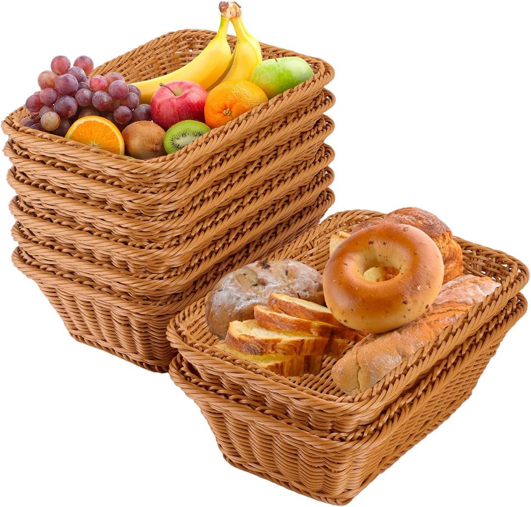 8 Pieces Poly Wicker Bread Basket, 11.8 Inch Rectangular Woven Tabletop Food Serving Basket for Vegetables, Home, Kitchen, Outdoor, Imitation Rattan Brown (11.8 x 7.87 x 3.94 inches)
