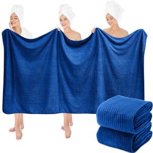 2 Pcs Extra Large Bath Sheets 40 x 80in Oversized Jumbo Bathroom Towel Giant XXL Coral Fleece Beach Sheets Soft Quick Dry Absorbent with Hanging Loop (Navy)