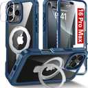 Oterkin Magnetic for iPhone 16 Pro Max Case Compatible with MagSafe [Foldable Stand][Camera Lens Protector][Built-in Touch Sensitive Glass Screen Protector] 15FT Military Full Body Rugged Case (Navy)