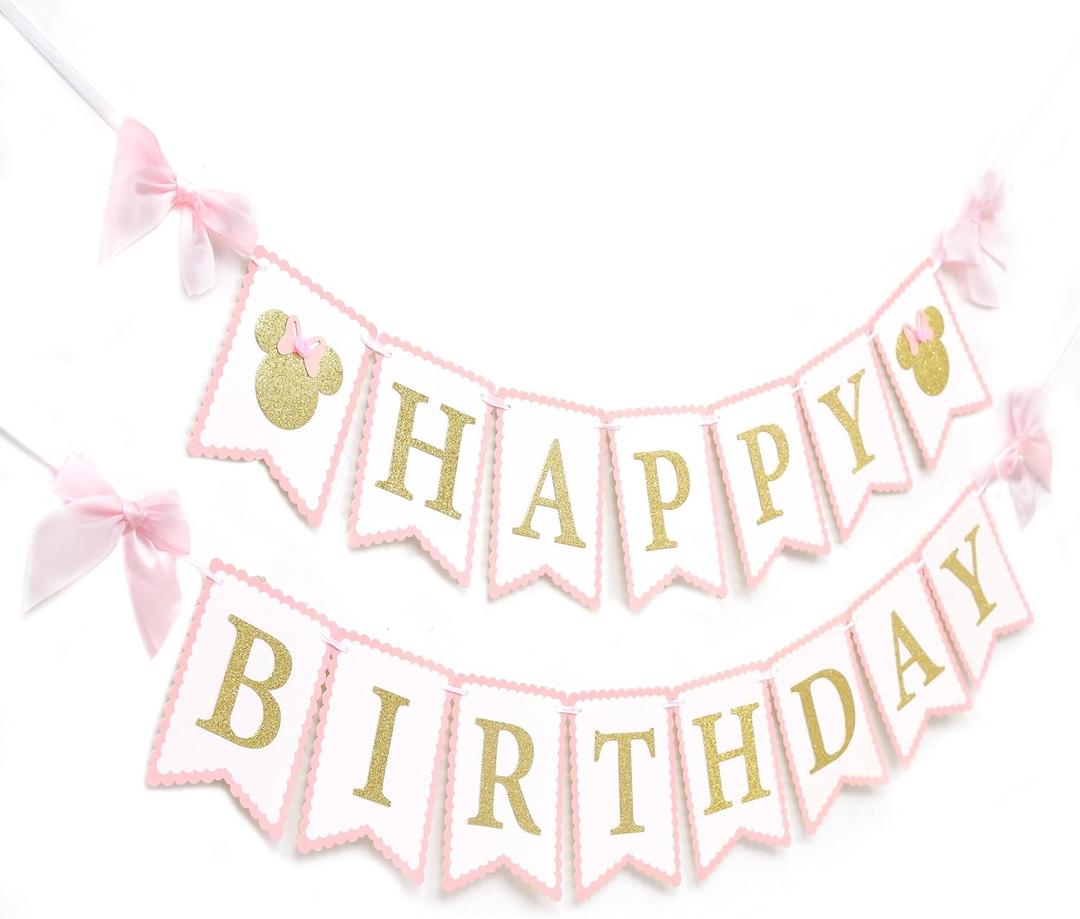 Mouse Happy Birthday Banner - Mouse Birthday Decorations, Pink And Gold Banner, Bow Girl 1st Pink Decor 