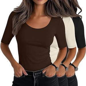 Neer 3 Pack Women's Scoop Neck Stretchy Tops Cotton Half Sleeve Slim Fitted T-Shirts Tight Casual Basic Summer Tees, Size: S