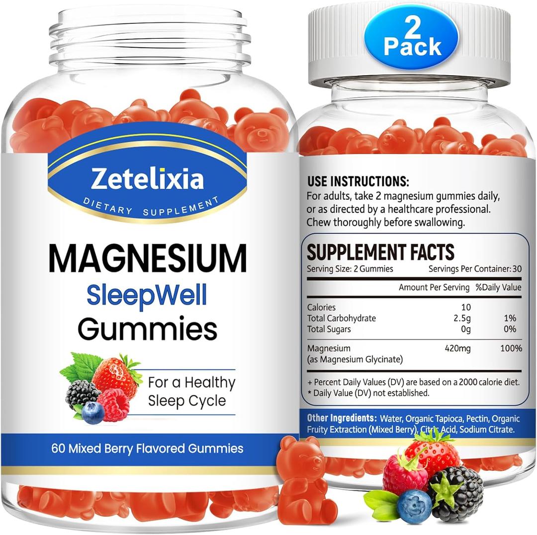 Magnesium Glycinate Gummies, High Absorption Magnesium Supplement for Adults Kids, Relaxation, Brain, Muscle & Bone Support, Melatonin Free, Sugar Free, Mixed Berry Flavor, 120 Cts (60 Count (Pack of 2))